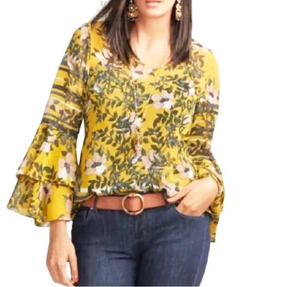 Cabi Spring Scene Mustard Floral Bell Sleeve Sheer Blouse Size M - Picture 1 of 7